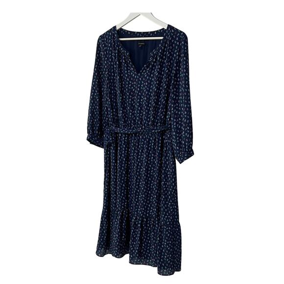 Talbots Midi Dress Size 10 Anchor Nautical Flounce Hem Split Neck Belted Navy - Picture 8 of 10